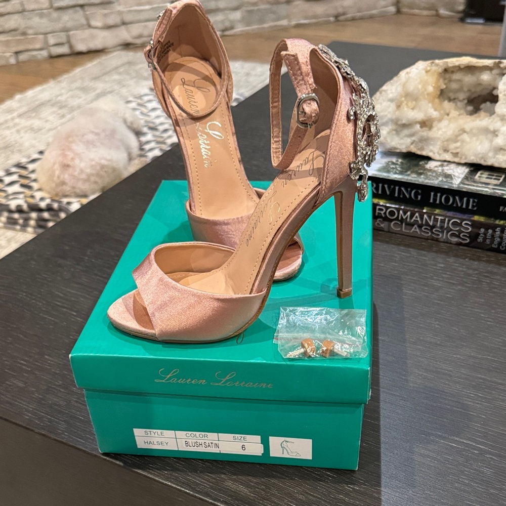 Lauren Lorraine Pink Satin Heels with Embellishments sz 6 worn 1x